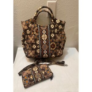 Vera Bradley AbbyTote Bag Wallet Set Retired Women Brown Floral Quilted Earthy